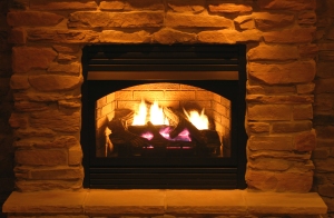 gas fireplace in a newly remodeled basement